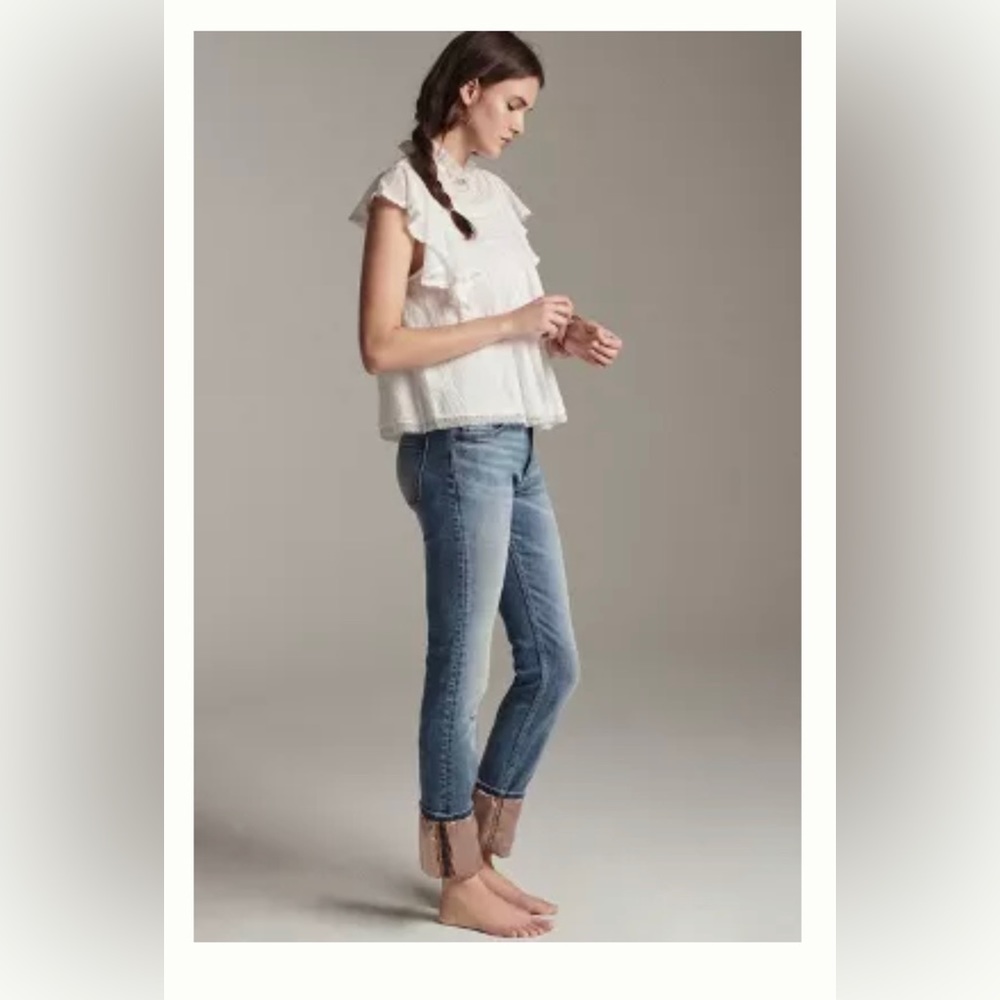 PILCRO HIGH RISE SATIN TRIMMED STRAIGHT JEANS, SIZE 28 TALL (runs slighty large)